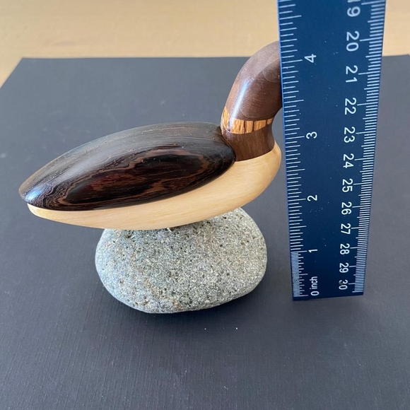 Cute Wooden Duck Sitting On A Stone Figurine - Picture 4 of 5